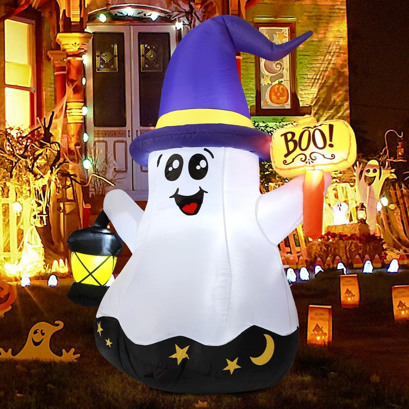 GOOSH 5 FT Halloween Inflatables Ghost Outdoor Decorations Blow Up Yard Cute Wizard Ghost with Hand-Held Light with Built-in LEDs for Garden Lawn Indoor Party Decor - Image 3